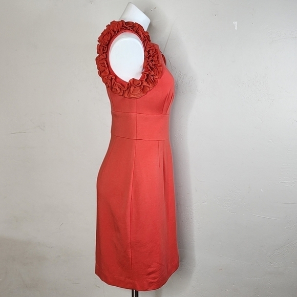 Trina Turk Coral Orange Midi Dress with Ruffle Sleeves Size 10 - Picture 6 of 13